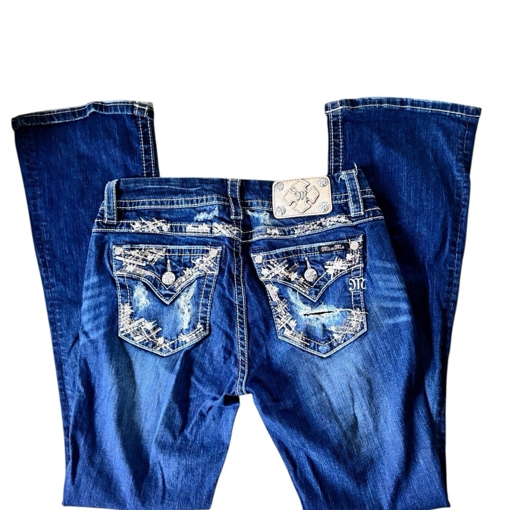 Miss Me Mid~Rise Boot Denim Jeans Sz 29X32.5 Stretch Bling Flap Pockets Distress